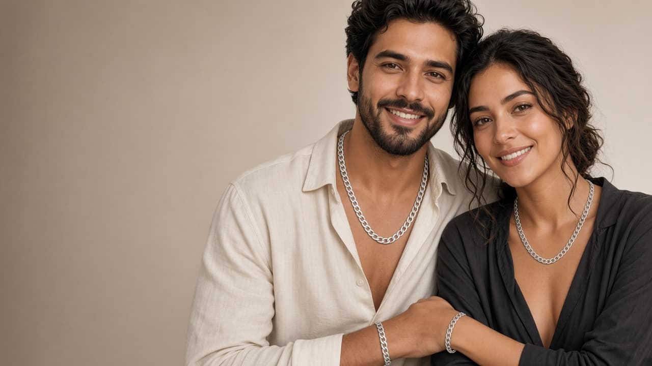 Pareja hondureña luciendo collares y brazaletes Figaro de plata a juego